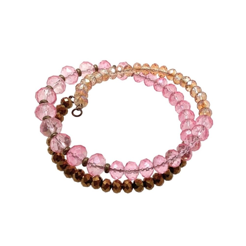 Wire Beaded Wrap Bracelet OS Glass Crystal Pink Orange Brown Eclectic Gypsy Gift